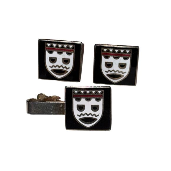 MCM Swank Tribal Face Suit Cuff Links & Tie Clip Vintage Set - Picture 2 of 8